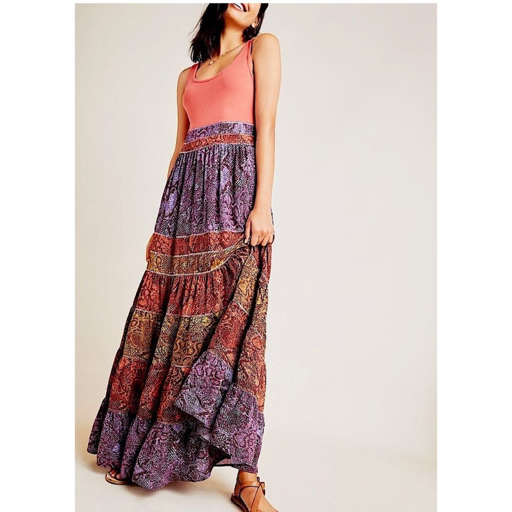 Anthropologie Multicolor Tiered Maxi Dress with Coral Tank Bodice